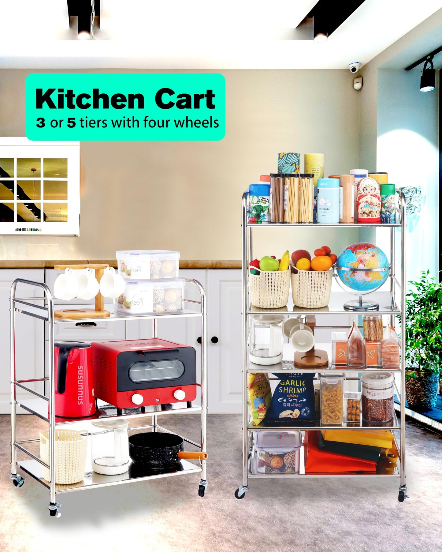 susunnus Stainless Steel Cart with Wheels 3 Tier,Stainless Steel Kitchen Cart,Utility Cart,Metal Cart with Wheels,Suitable for Various Occasions,Movable,Gift Tools