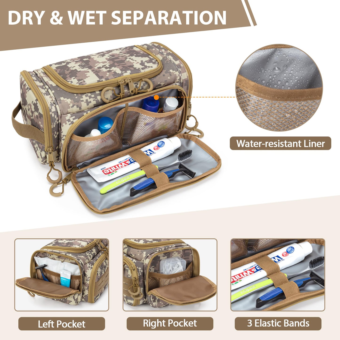 Prokva Tactical Toiletry Bag for Men, Hanging Hygiene Bag, Travel Dopp Kit Organizer for Shaving, Shower Essentials and Toiletries, Desert Yellow (Empty Bag)