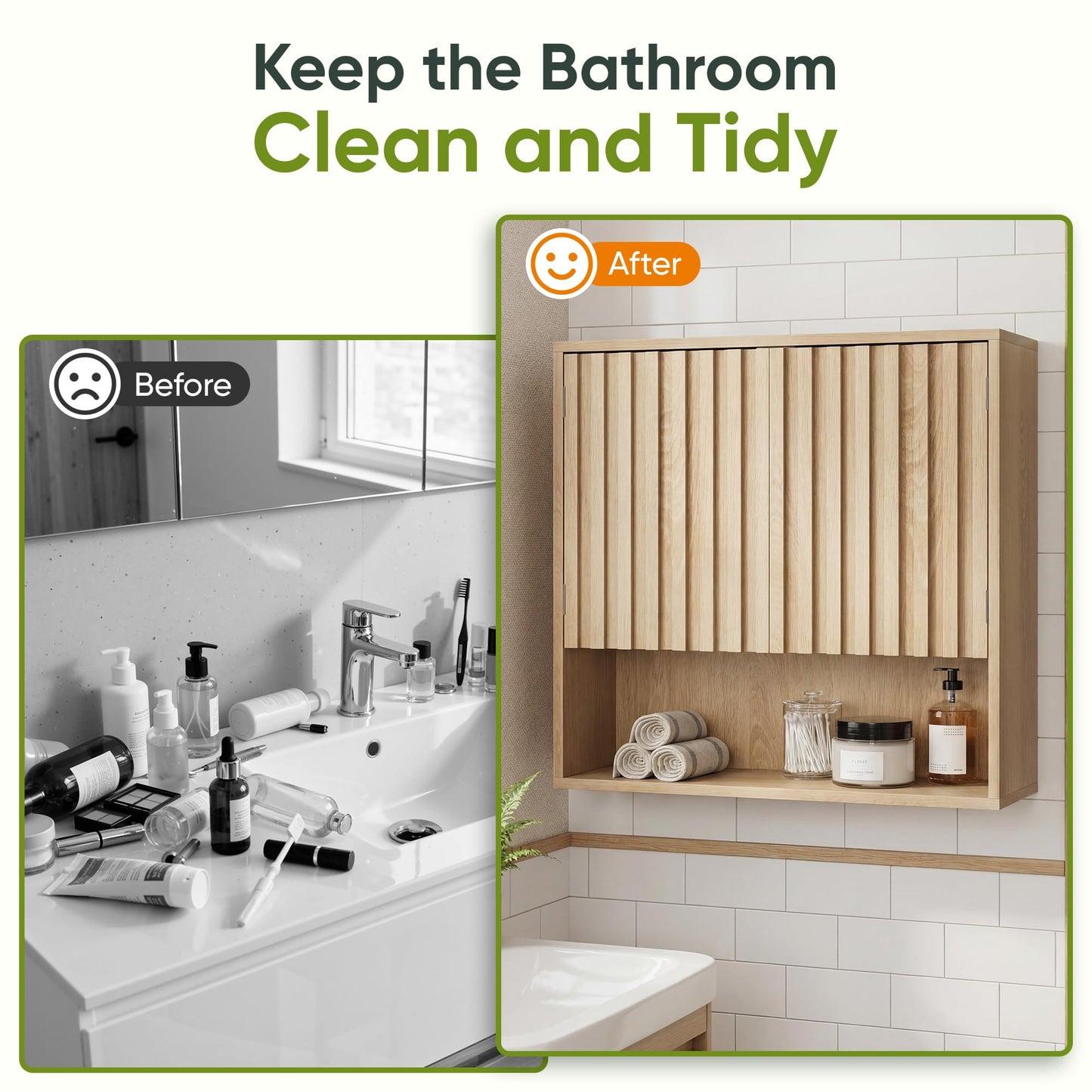 Smart FENDEE Bathroom Wall Storage Cabinet with Fluted Doors, Medicine Cabinet with Adjustable Shelf, Over The Toilet Storage Cabinet for Laundry Room & Kitchen & Living Room, Natural Oak