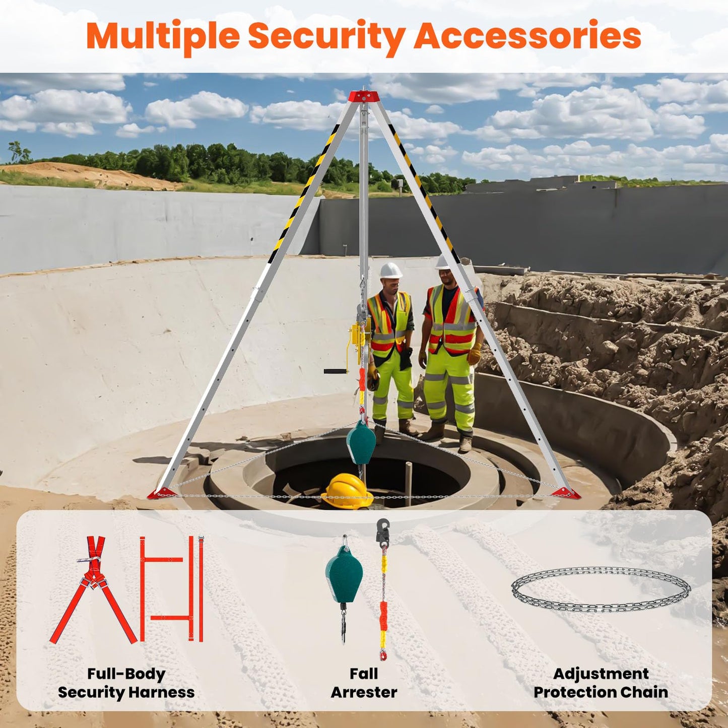 3000lbs Confined Space Tripod Kit, 3000 Lbs Winch, Adjustable 7' Legs & 98' Cable, Steel Confined Space Rescue Tripod with 33' Fall Protection/Harness/8' Protection Chain for Confined Spaces Safety
