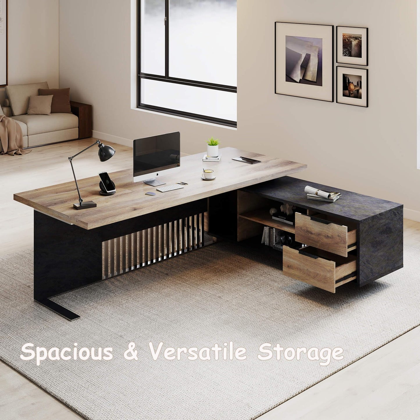 ONNAHOMEStlyle Executive Desk with Privacy Panel, Large Office Desk for Small Business, Computer Desk with Drawers & Storage Cabinets, Thick One-Piece Tabletop (Right Return, 78.7")