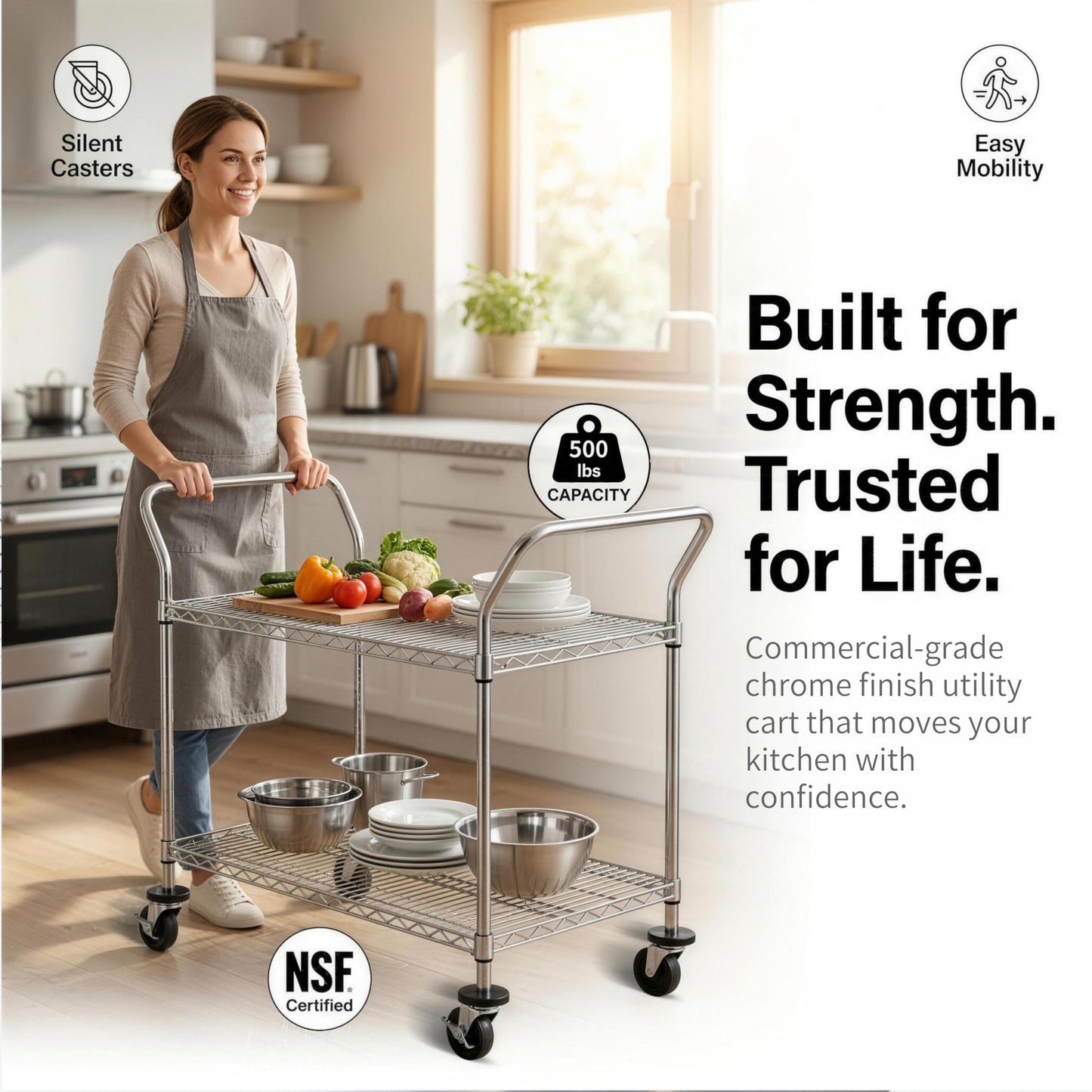 Finnhomy 3-Tier Commercial Grade Rolling Cart, Heavy Duty Utility Cart with Wheels and Handles, Metal Kitchen Carts on Wheels with 500 lbs Capacity, Shelf Size 20" D x 36" W, NSF