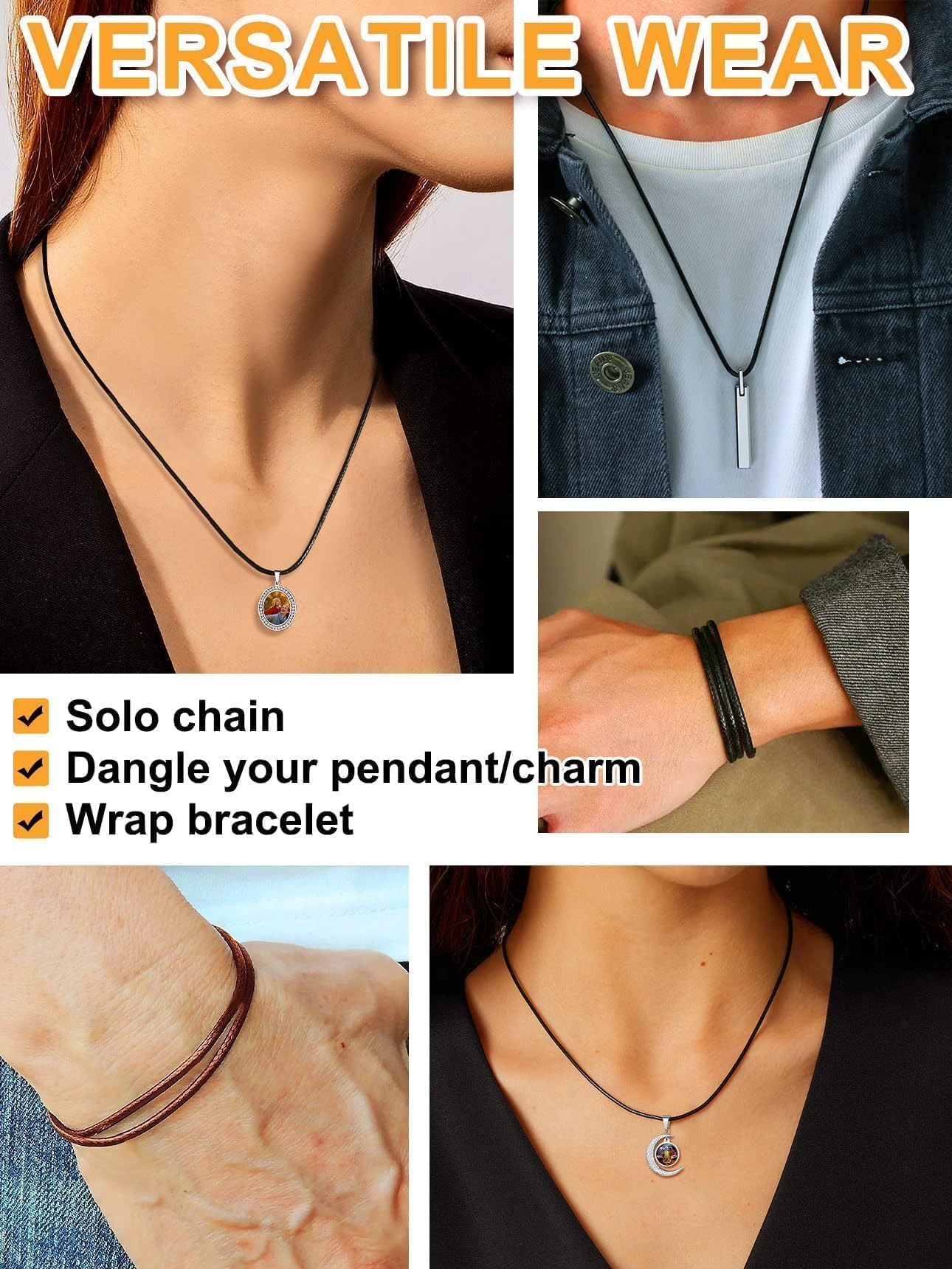 Bestyle 2MM Black Leather Necklace for Men Women,Waterproof Wax Woven Rope Chain with Stainless Steel Clasp, Leather Cord Necklace for Pendants 30"