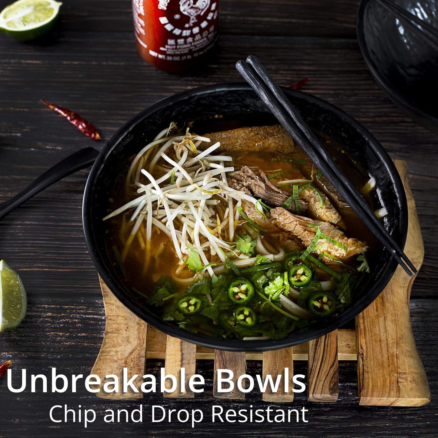TERRA HOME Ramen Bowl and Spoon Set with Chopsticks - Large Pho Bowls and Spoons Set Unbreakable Japanese Melamine Ramen Bowl - 6 Piece Matte Black Asian Ramen Noodle and Soup Bowls - 54 Ounce