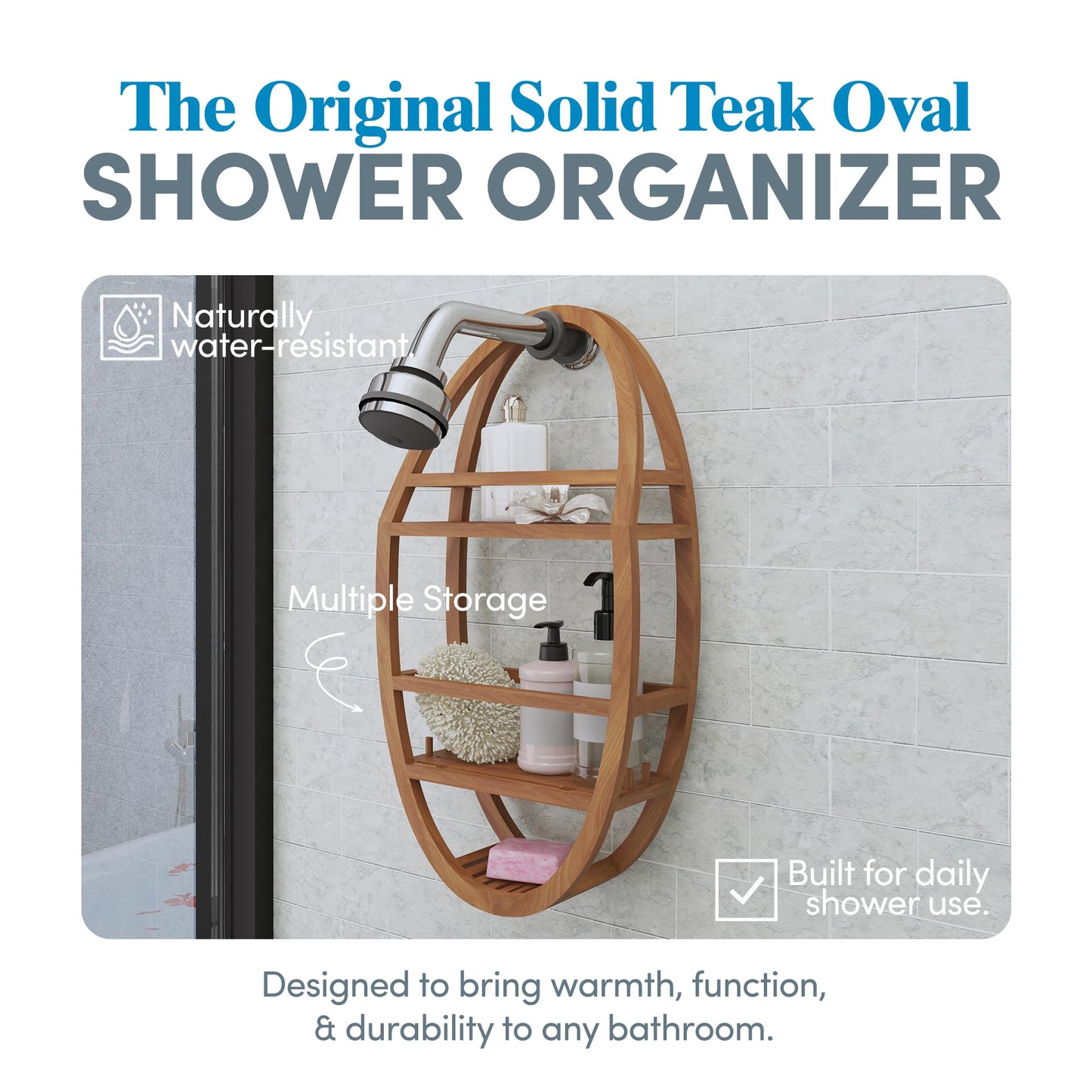 AquaTeak Patented Moa Oval Teak Shower Organizer - Hanging Shower Caddy with Wood Shelves, Hooks & Soap Holder - Durable, Water-Resistant Bathroom Storage with Space-Saving Design