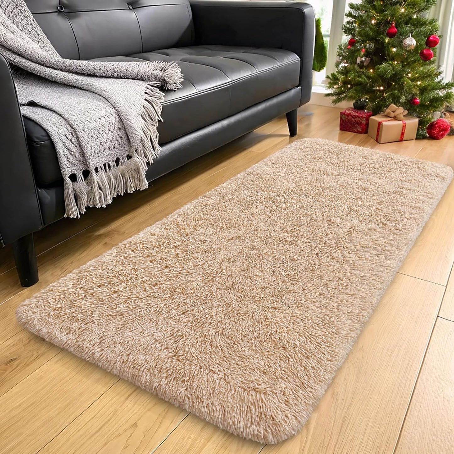 OLANLY 3x7 Machine Washable Runner Rug - Soft Fluffy Shaggy Carpet for Bedroom & Hallway | Beige