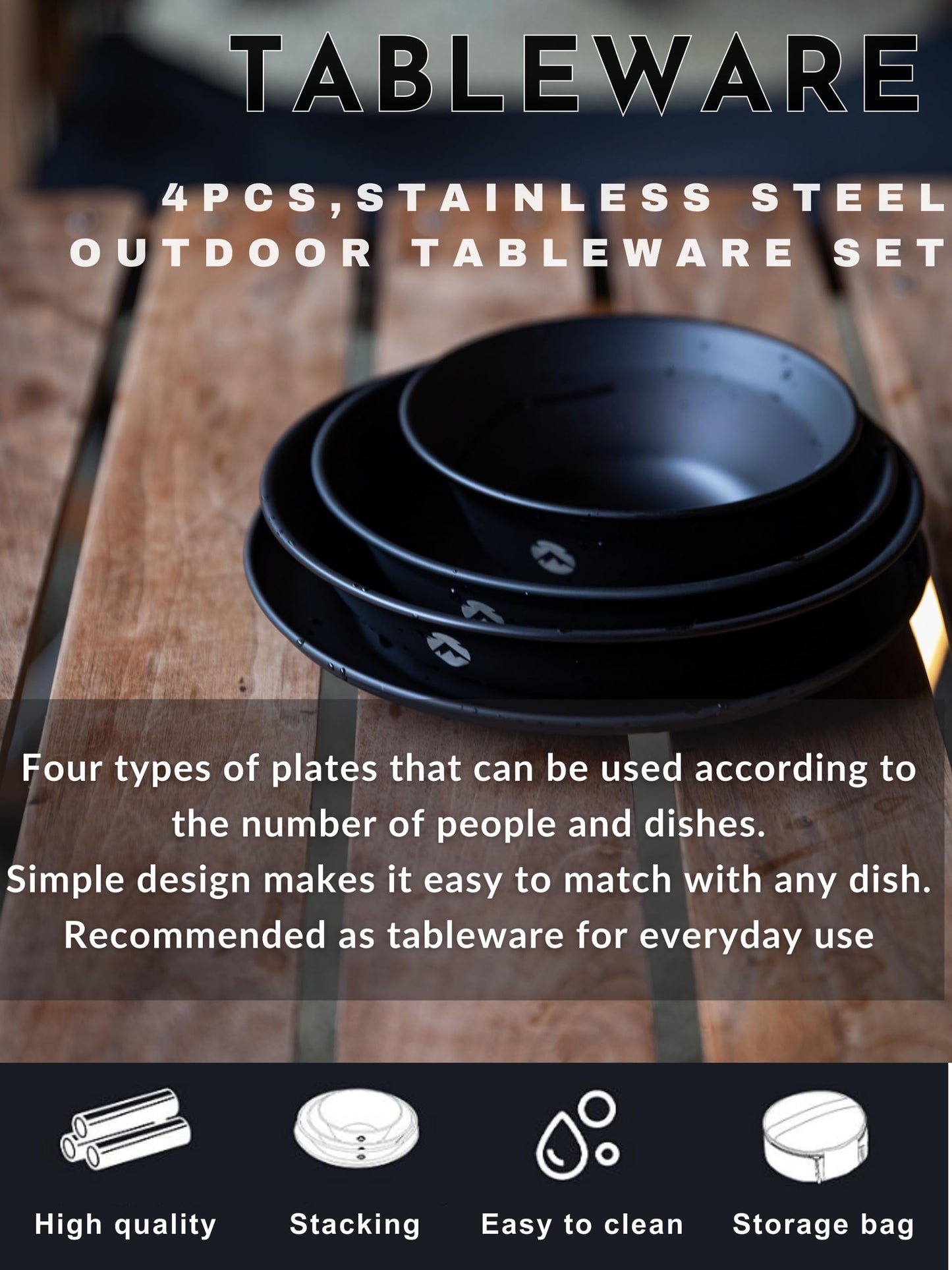 CAMPINGMOON Camping Tableware Set Stainless Steel Camping Plates Bowl Stackable Outdoor Dinnerware Canvas Carry Case Camping Hiking Picnic (4, Black (Titanium Oxide Coating))