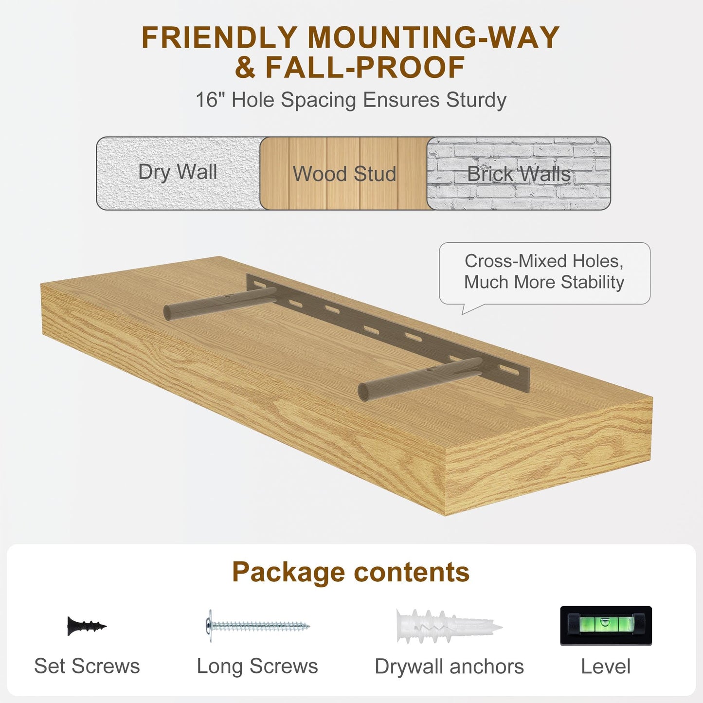 Fun Memories Floating Shelves for Wall, 36Inch Floating Shelves Set of 2, Hanging Shelf with Invisible Brackets, Bathroom Shelves for Living Room, Bedroom, Kitchen- Oak