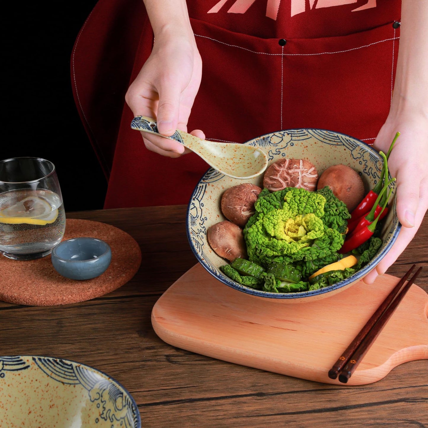 Niturceal Ceramic Ramen Bowl Set of 2, 40oz Japanese Noodle Bowls with Spoons & Chopsticks Porcelain Large Soup Bowl for Pho, Udon, Retro Style Tableware Microwave & Dishwasher Safe, Fish