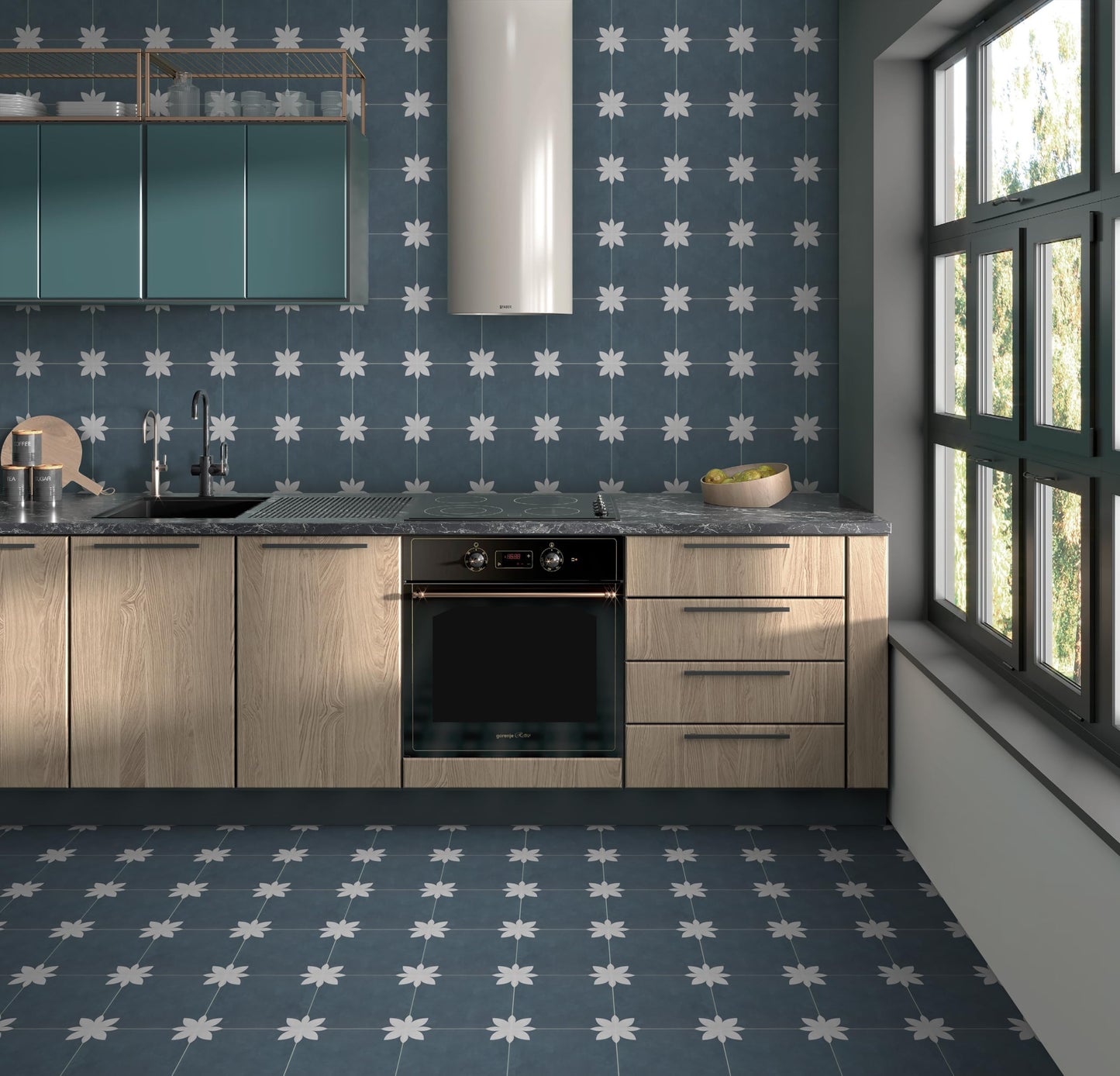 INNO STCIEKRS 16-Sheet Peel and Stick Floor and Wall Tile for Bathroom Kitchen, 9" x 9" Blue Flower SPC Self-Adhesive Vinyl Flooring Patterned Groutable Backsplash Tile, Covers 9.12 Sq Ft.