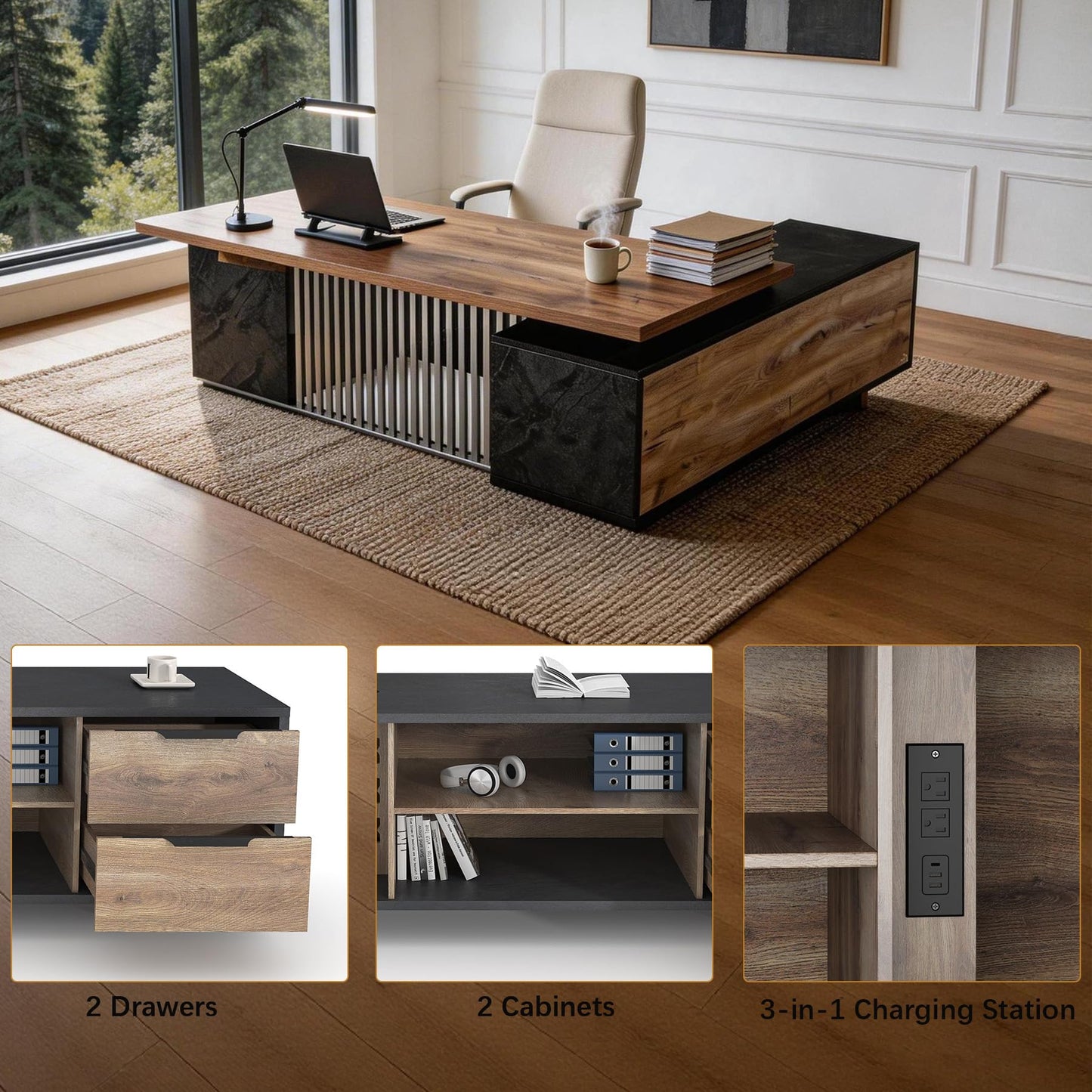 SAINTCY L-Shaped Executive Desk, Industrial Office Desk with Drawer & Cabinet, Large Wood Desktop, Unique Stainless Steel Privacy Screen (Left Return, 78.74")