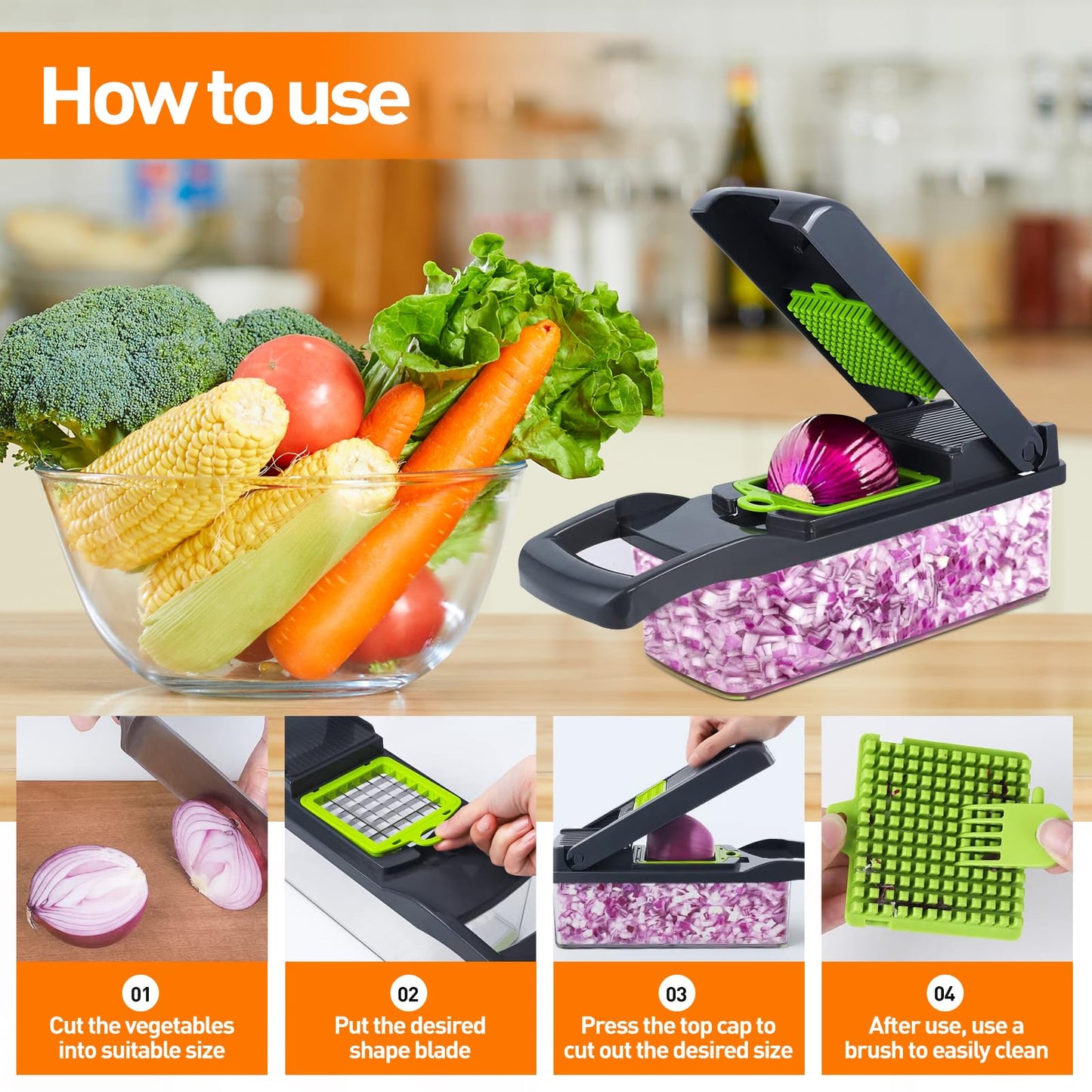 APSARAS USA Pro 15 in1 Vegetable Chopper, Food Chopper with Container, Veggie Cutter & Spiralizer for Onion Salad, Slicer&Spiralizer(Home Essential Gadget&Kitchen) 1.5L