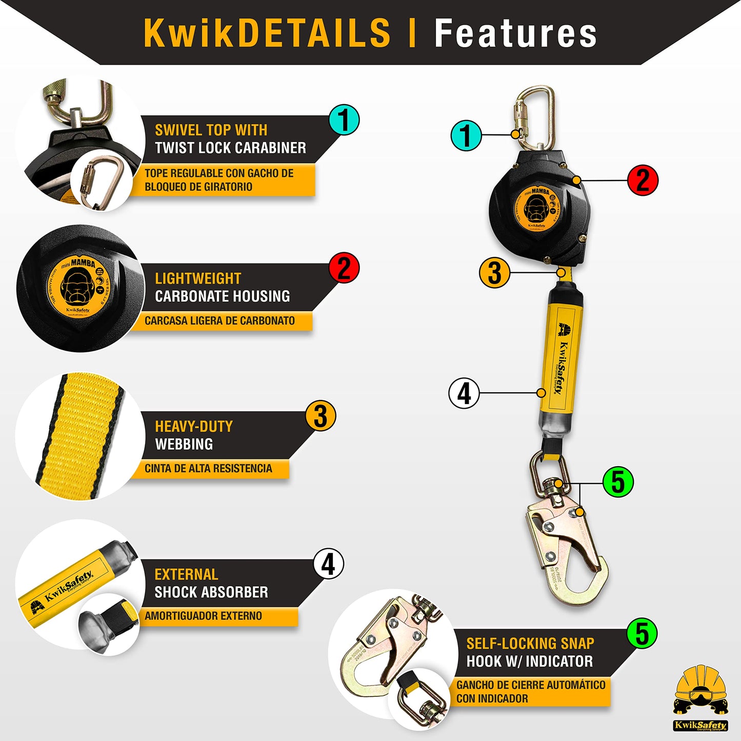 KwikSafety - 6' mini Mamba Self Retracting Lifeline [NO Tangle Web] Class 1 Retractable Safety Lanyard SRL ANSI OSHA