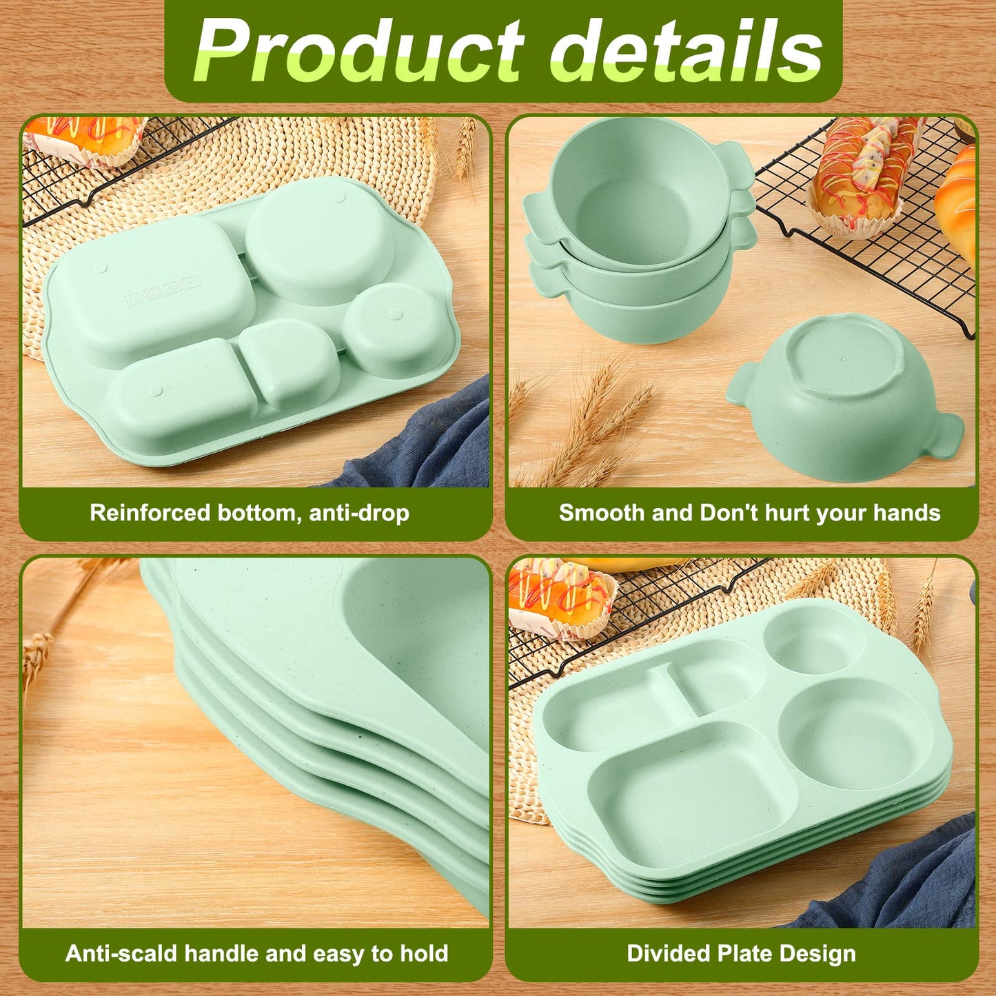 24 Pcs Wheat Straw Dinnerware Cutlery Set for Aldult Including Divided Plates Microwave Dishwasher Safe Bowl Unbreakable Tableware Straw Cutlery Spoon Knife Fork(Green)