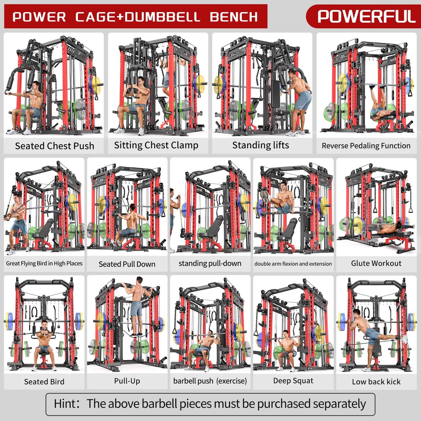 XGSW XINGESIWR Multi-Purpose Squat Rack,Smith Machine Weight Rack Set with Cable Crossover System, Home Gym Power Racks, Power Racks and Packages (L06 Two Users, Power cage Red+Bench)