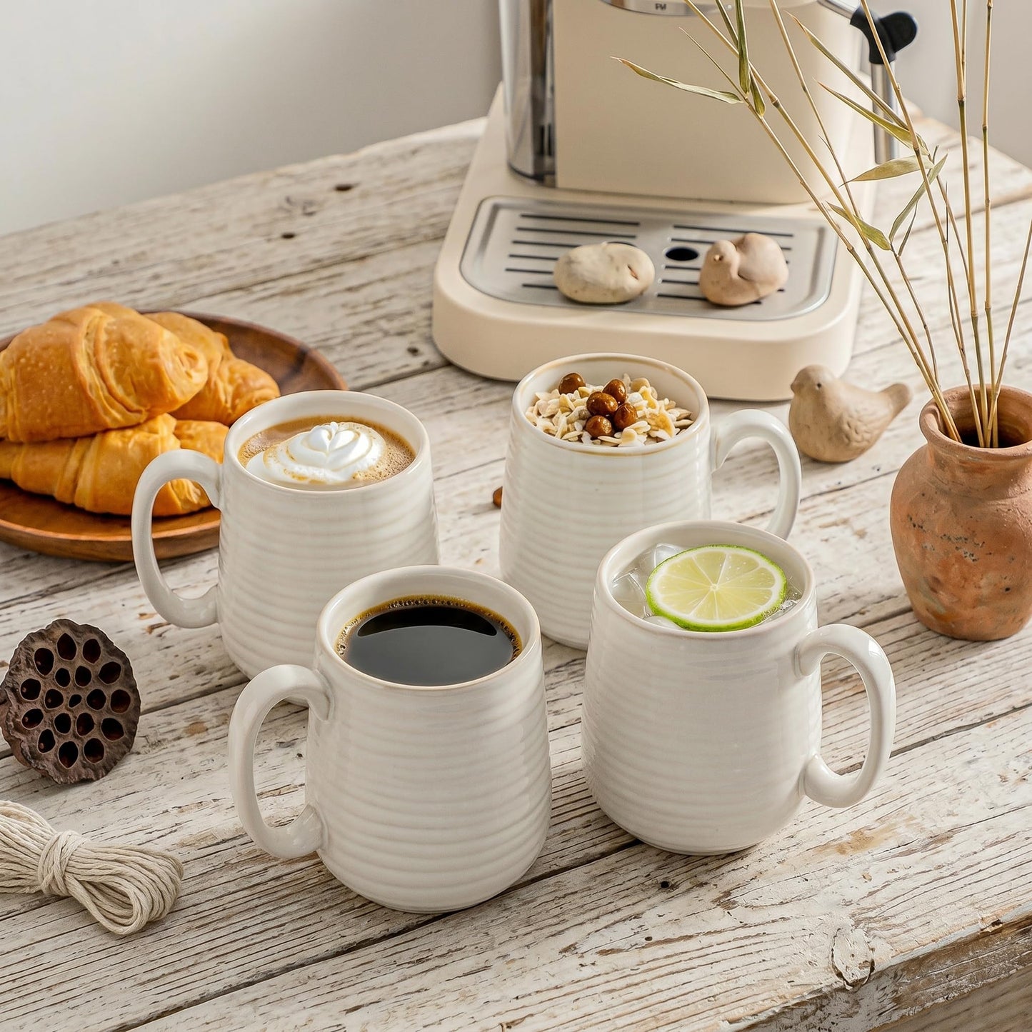 JINGUS Coffee Mugs, 15 Ounce Coffee Cups Set of 6, Ceramic Tea Cups for Latte Milk Cappuccino Cocoa Mocha, Creamy White Mugs with Handle for Mom and Dad as Gifts, Dishwasher & Microwave Safe