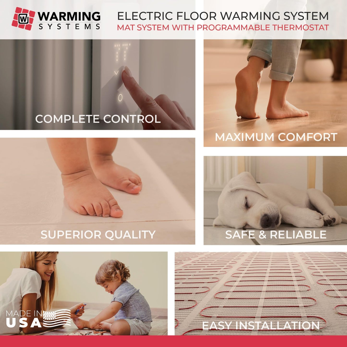 Warming Systems - 15 Sqft 120V Electric Radiant Floor Heating Mat – Includes Heating Mat, Programmable Thermostat, Thermostat Floor Sensor, Installation Monitor and Under Tile Heater