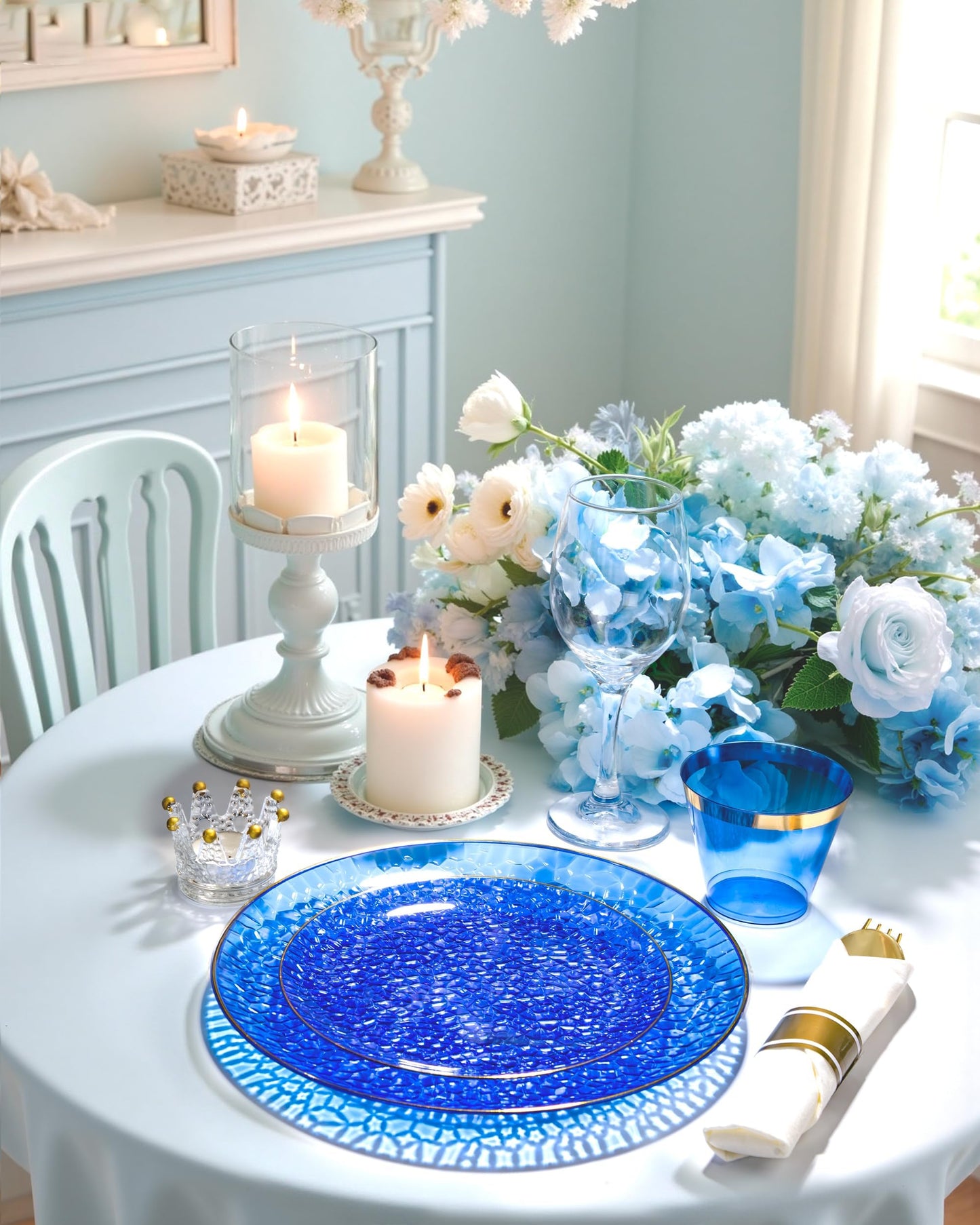 Hioasis 175pcs Blue Gold Plastic Plates - Blue Plastic Dinnerware Set Includes 25 Dinner Plate, 25 Dessert Plate, 25 Cups, 25 Napkins Perfect for Christmas & Party