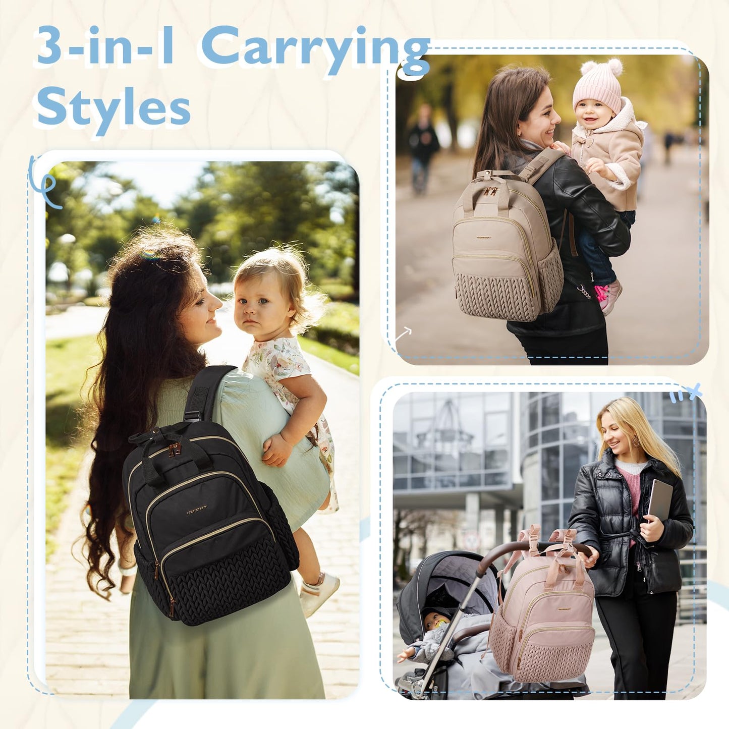 mommore Diaper Bag Backpack, Stylish Travel Baby Bag with Insulated Pockets, Changing Pad and Stroller Straps for Toddler (L-Brown Taupe, Large-27L)