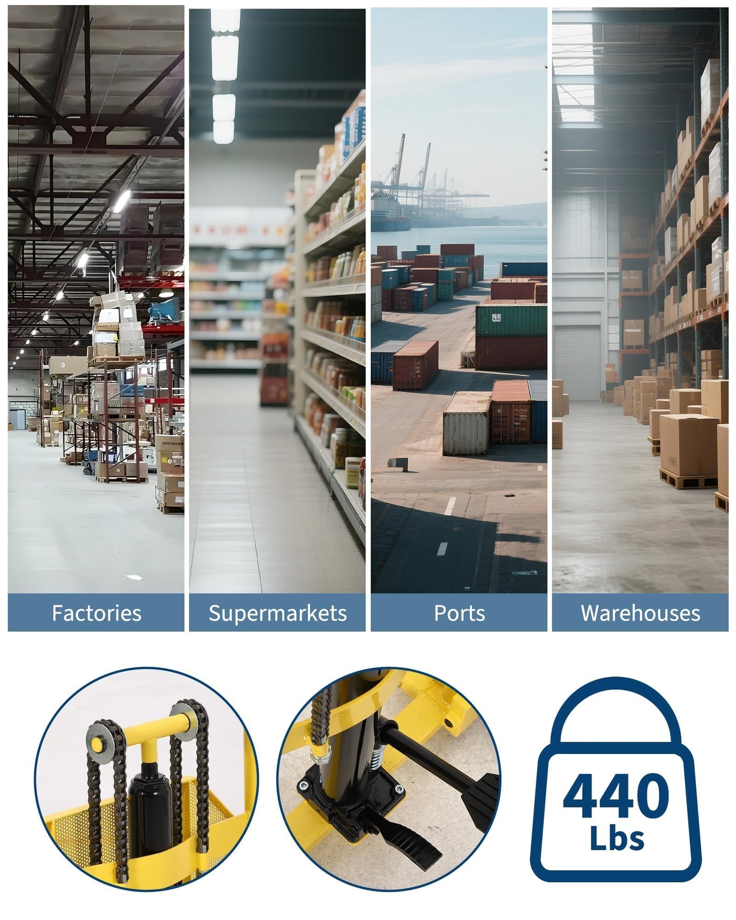 Hydraulic Material Lift and Pallet Stacker - 440 Lbs Capacity Manual Winch Stacker with 36 Inch Max Lift Height - Mobile Forklift Truck Dolly and Pallet Jack with Diamond Plate Steel Platform, Yellow
