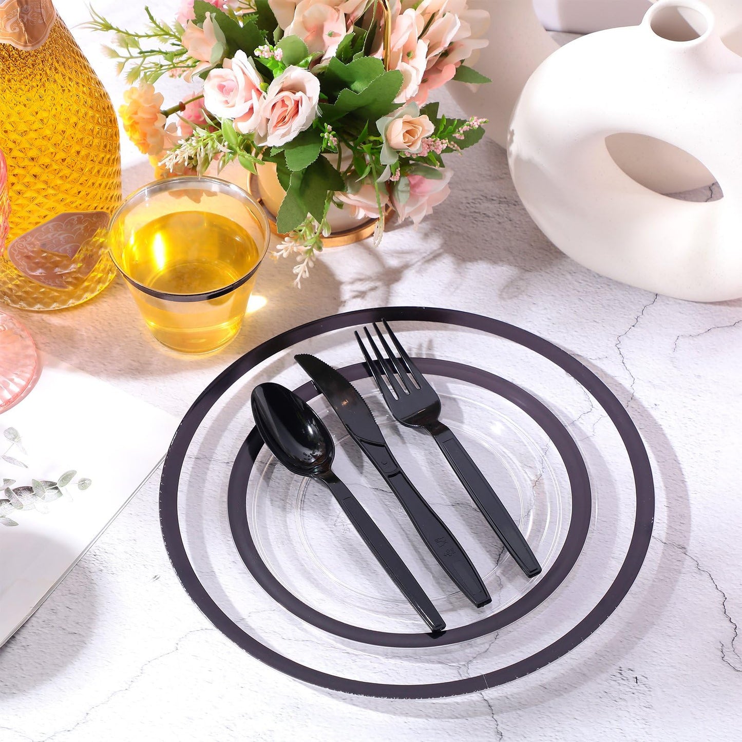 Norme 500 Pcs Disposable Plastic Dinnerware Set for 100 Guests, Disposable Dinnerware Set for Birthday Wedding Party of 100 Plastic Plates, 100 Plastic Cups, 100 Spoons, 100 Forks, 100 Knives(Black)