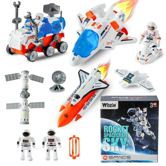 Wbzle Spaceship Toys with Airplane, UFO & Alien Toy for Boys, Space Toy Set with Light & Sound Astronaut Toys for Kids 3-5, Educational Kit Boys Birthday Gift