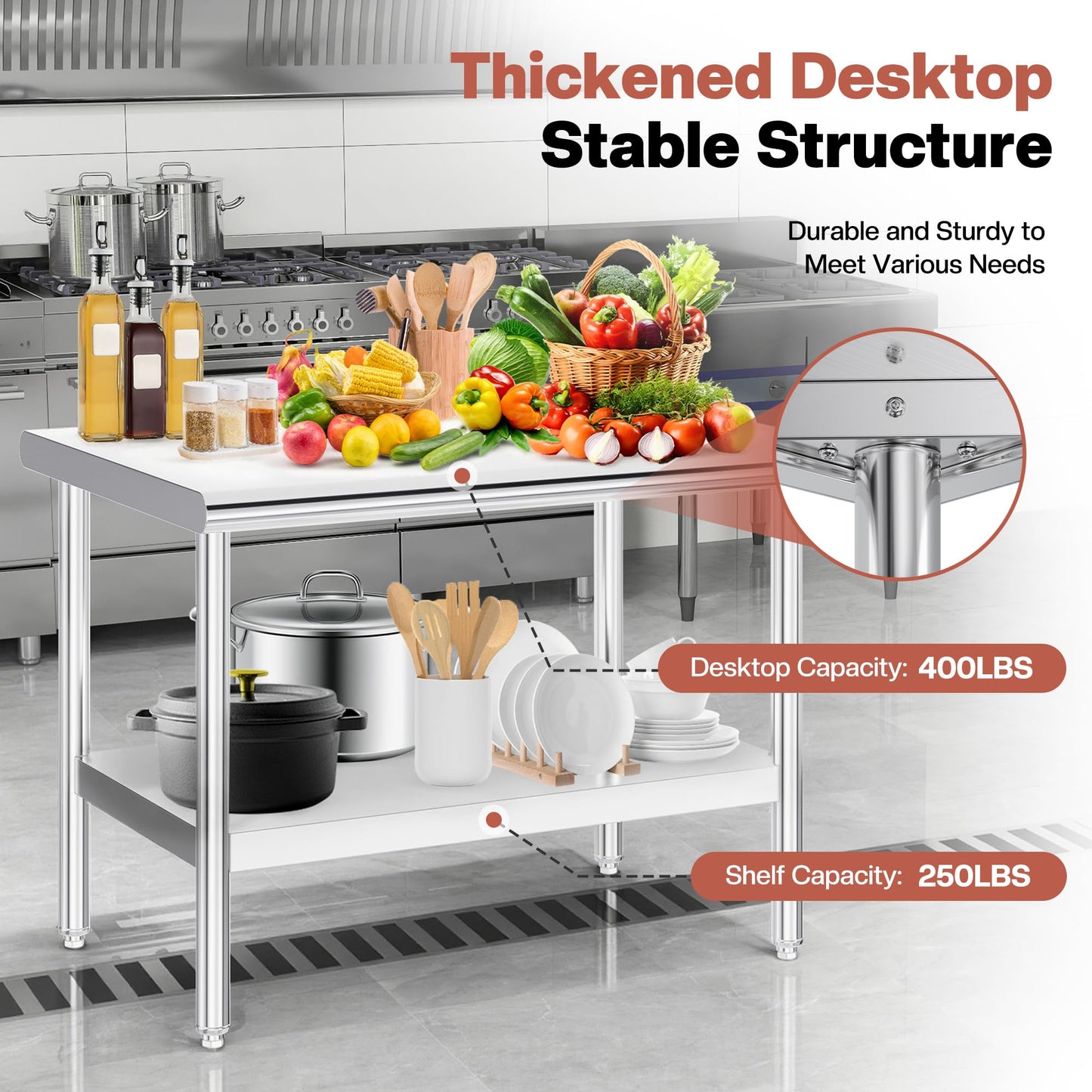 Jocisland 30" x 48" Stainless Steel Table for Prep & Work, Food-Grade Stainless Steel Adjustable Under Shelf and Feet, for Commercial Kitchen, Restaurant, Hotel, Garage