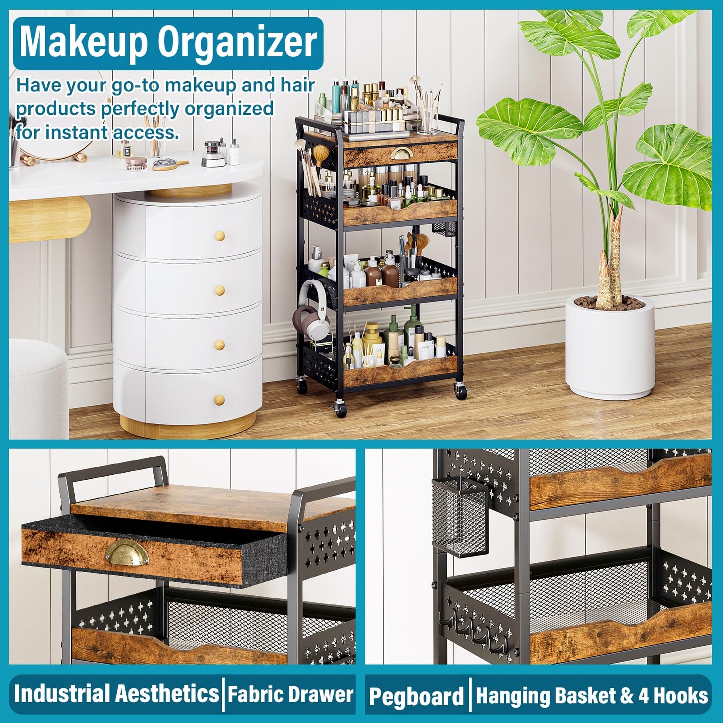DYUTFZU 4-Tier Rolling Cart Organizer, Industrial Aesthetics Wood & Metal Utility Storage Cart with Pegboard, Drawer, Hanging Basket & Hooks for Kitchen, Craft Room, Bedroom, Bathroom, Coffee Station