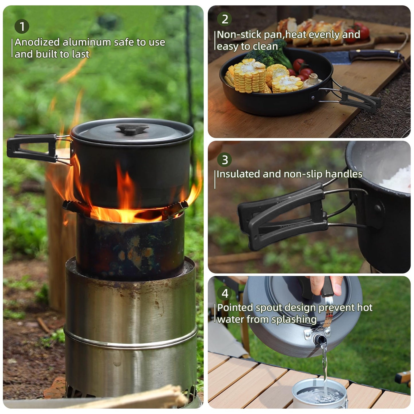 aiGear 3pcs Camping Cooking Set for 1-2 People, Lightweight Foldable Pot Pan Kettle with Storage Bag, Backpacking Cooking Set for Hiking Picnic Camping (Black)