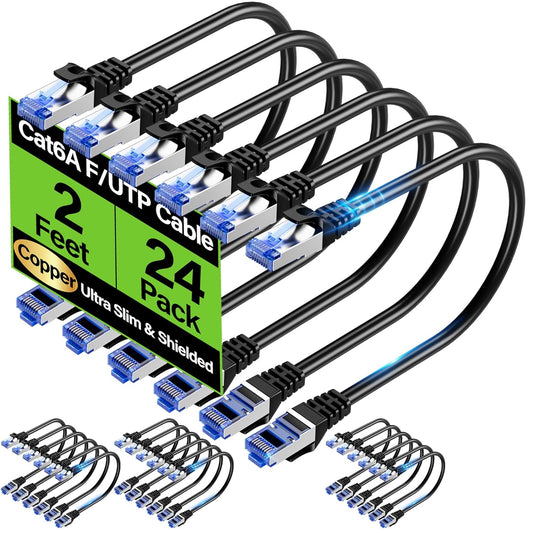 TuokaJu Cat6A 10Gbps 2 (24 Pack), 6, 28AWG Cat6 6a Ethernet Cable Shielded feet Slim Shielded (F/UTP) Ethernet Cable