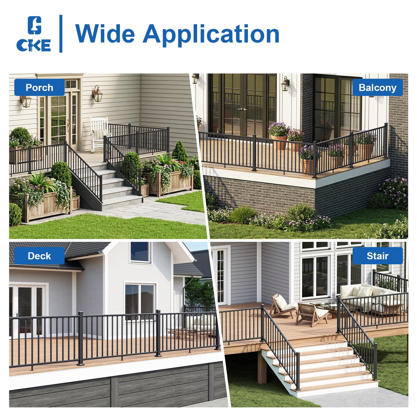 CKE 36 in. H x 6 ft. W Porch and Deck Railing Kit with Post, Aluminum Stair Railing Kit Outdoor, AAMA 2604 Textured Matte Black Stair Railing System for Decks, Porches & Balconies(2 Post, 2 Panel)