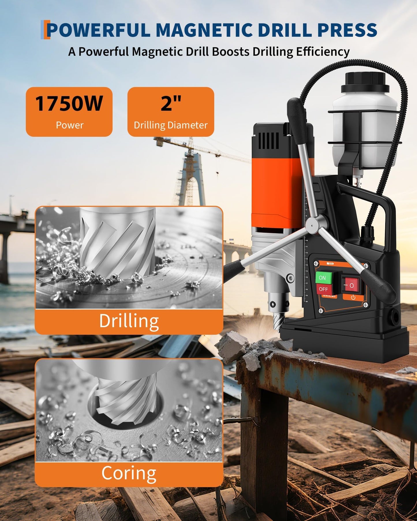 Magnetic Drill, 1750w Portable Electric Drill Machine, 2" Boring Diameter, 2922Lbf Magnetic Force, 810RPM, Heavy Duty Magnetic Drilling Machine for Metal, Industrial & Home Use