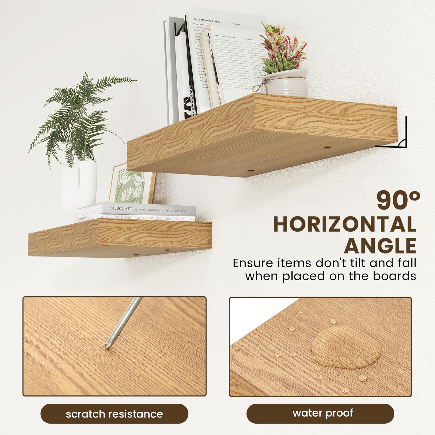 FLYJOE Deep Floating Shelves | 24 Inch Oak Floating Shelves Set of 2 | 12 Inch Deep Rustic Wood Shelves for Wall | 24" W x 12" D Oak Shelves for Living Room Bathroom Laundry Room Kitchen