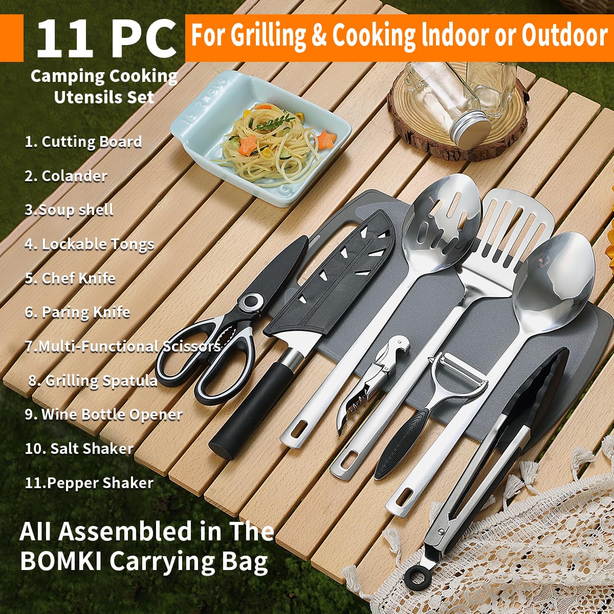 Evanda Camping Kitchen Cooking Utensil Set 10 Piece, Stainless Steel Outdoor Cooking and Grilling Utensil Organizer Travel Set Perfect for Travel, Camping, RVs, BBQs, Picnics, Parties and More