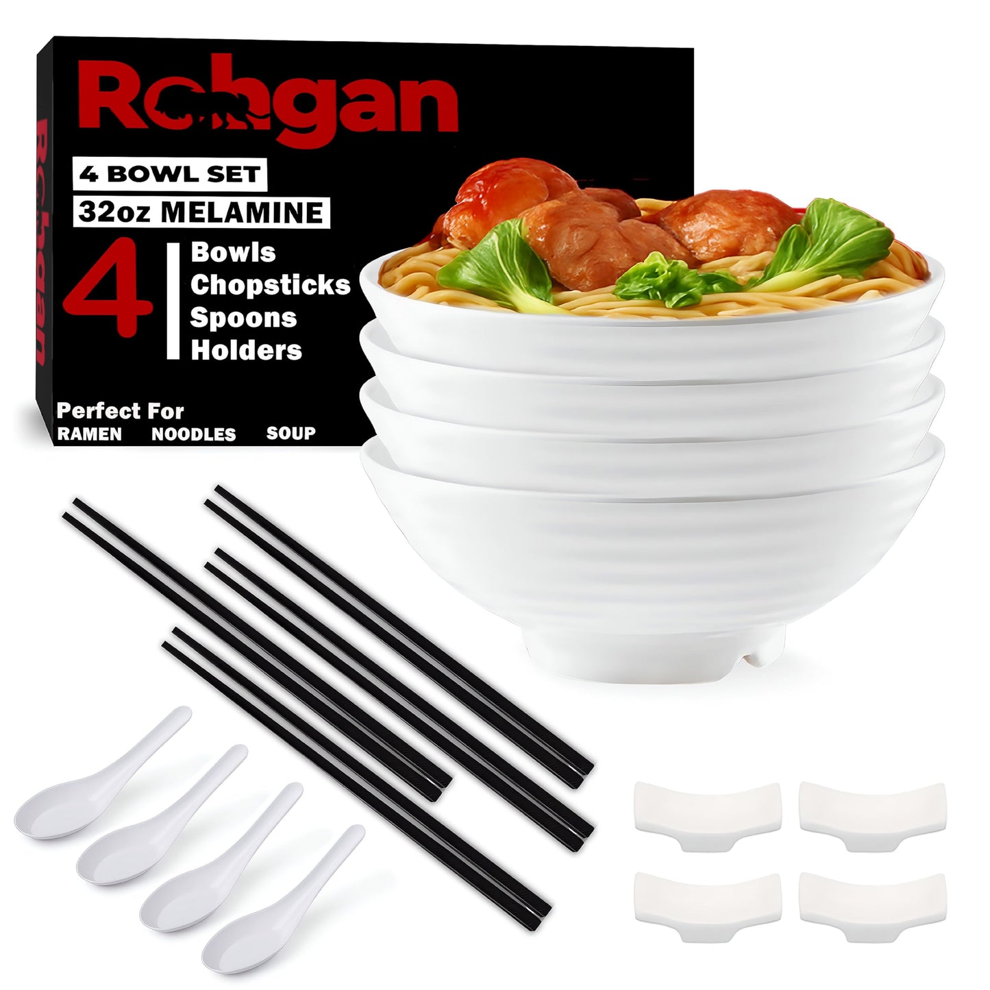 ROHGAN 32oz Japanese Ramen Bowl Set – 20-Piece White Melamine Pho Bowls with Chopsticks, Spoons & Holders – Durable, Dishwasher-Safe Dinnerware for Ramen, Udon & Soups