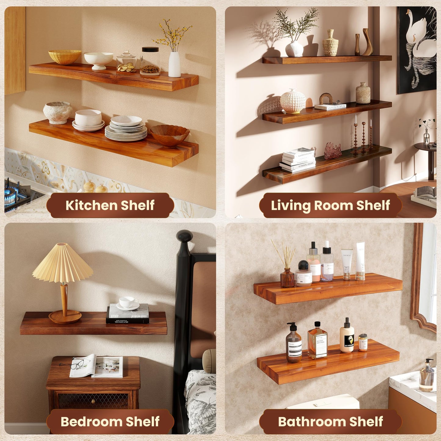 Realgulf 24 Inch Teak Floating Shelves Set of 2 - Solid Natural Wood Wall Mounted Shelves with Invisible Brackets - Heavy Duty Waterproof Storage for Bathroom, Kitchen, Living Room & Outdoor