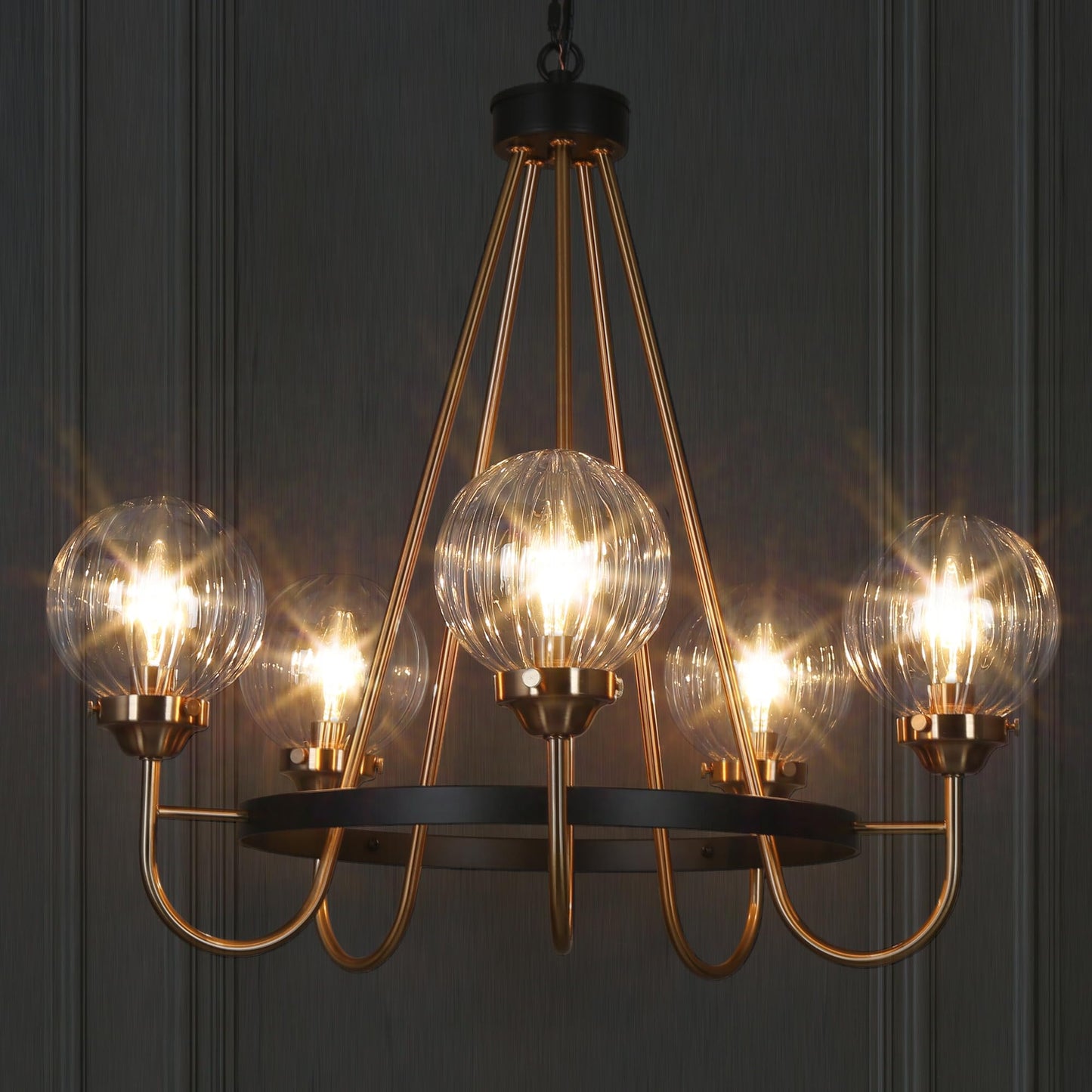 KSANA Black Gold Chandelier, Modern 5-Light Dining Room Light Fixture with Ribbed Glass Globes, Black and Brass Wagon Wheel Chandelier for Kitchen Island and Living Room
