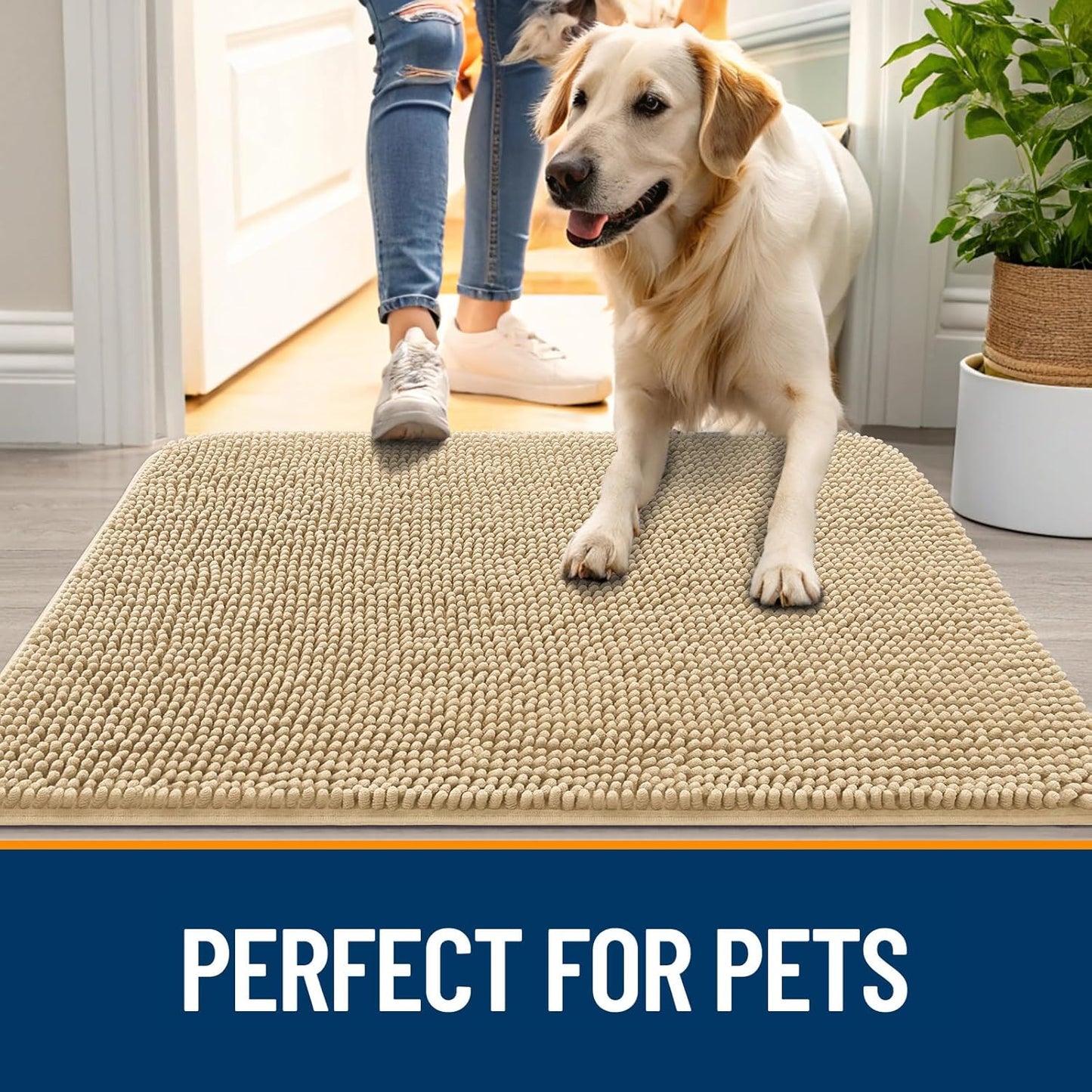 OLANLY Dog Door Mat - Absorbent Non-Slip Chenille for Muddy Paws | 40x24 Beige Indoor Entryway Carpet