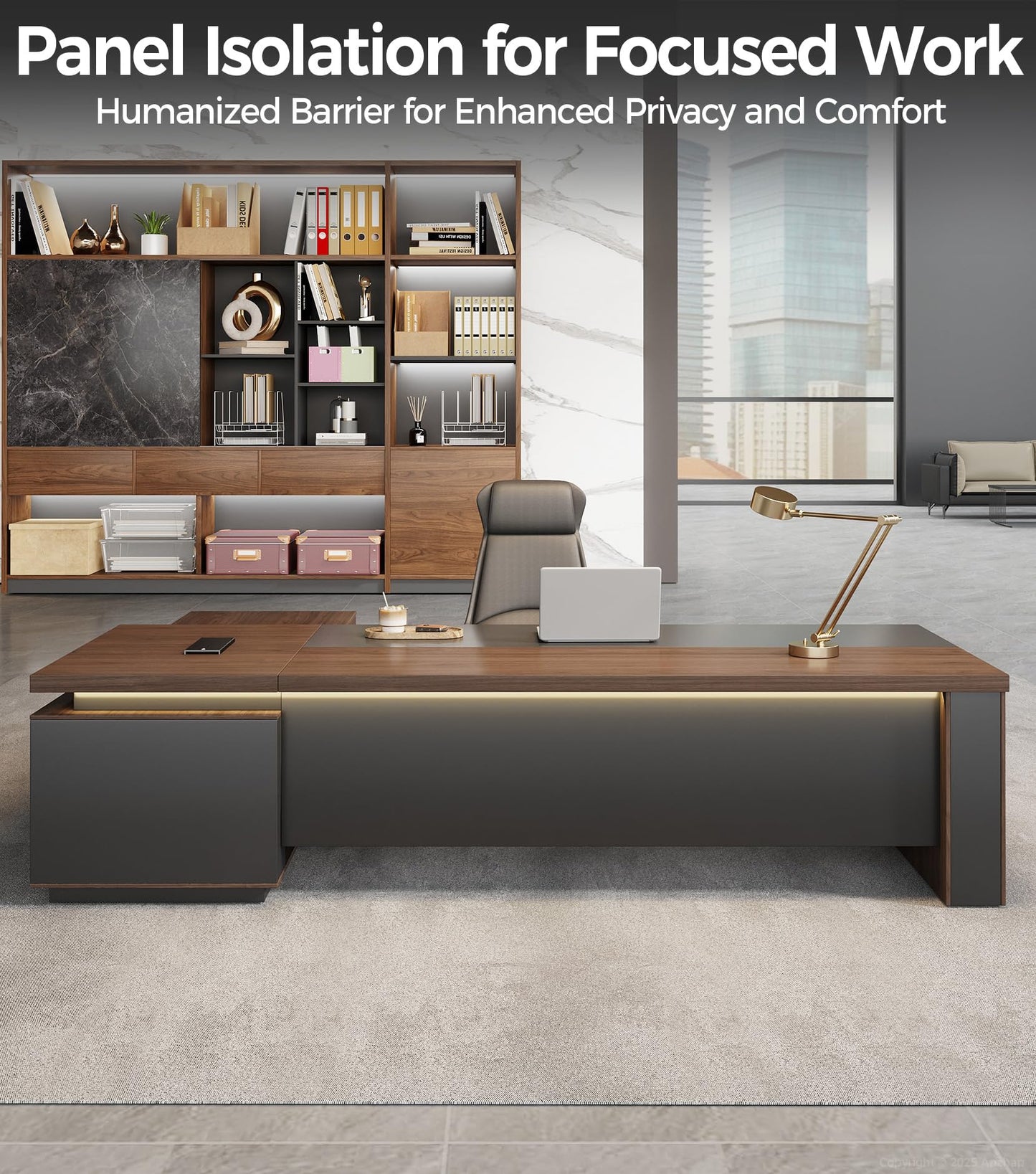 71" Reversible L-Shaped Executive Desk with Drawers – Large Office Computer Desk with Open Shelves, LED Lighting, Built-in Outlet & USB Ports for Home Office, Corporate, School (71"W x 63"D x 30"H)
