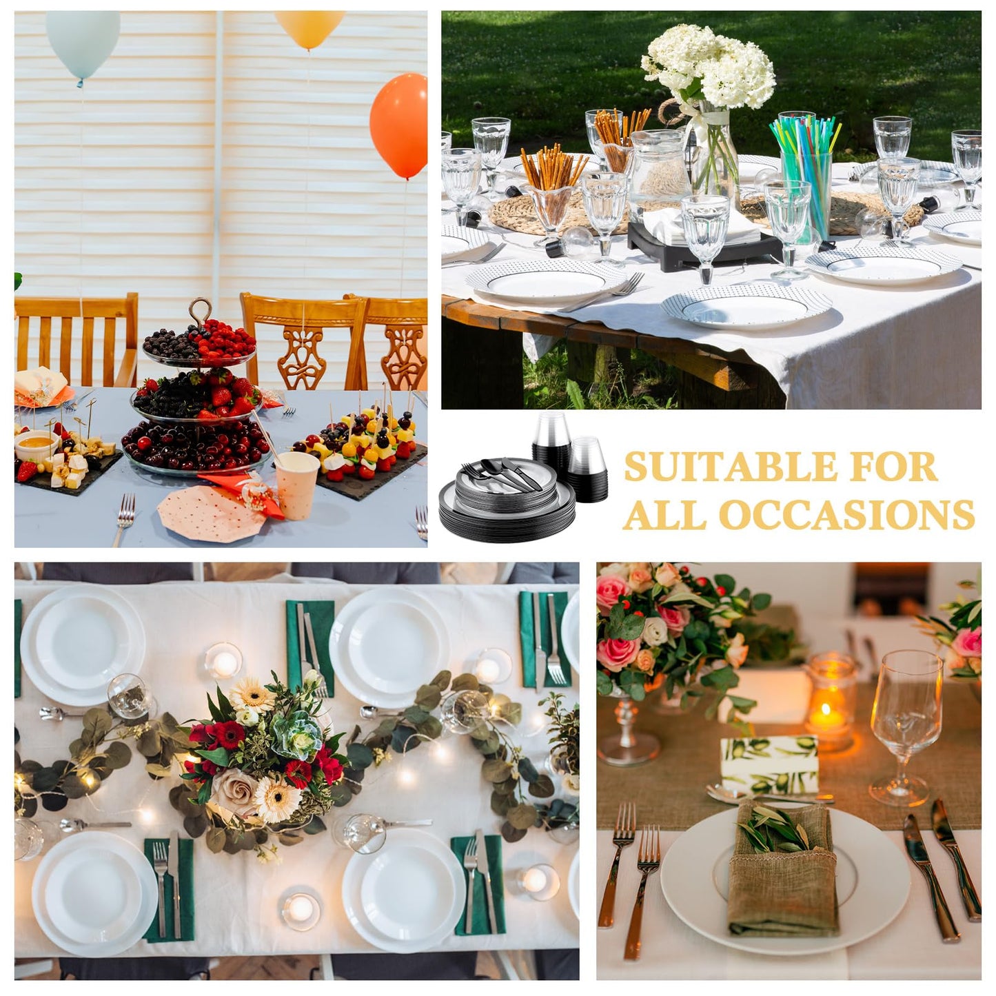 Norme 500 Pcs Disposable Plastic Dinnerware Set for 100 Guests, Disposable Dinnerware Set for Birthday Wedding Party of 100 Plastic Plates, 100 Plastic Cups, 100 Spoons, 100 Forks, 100 Knives(Black)