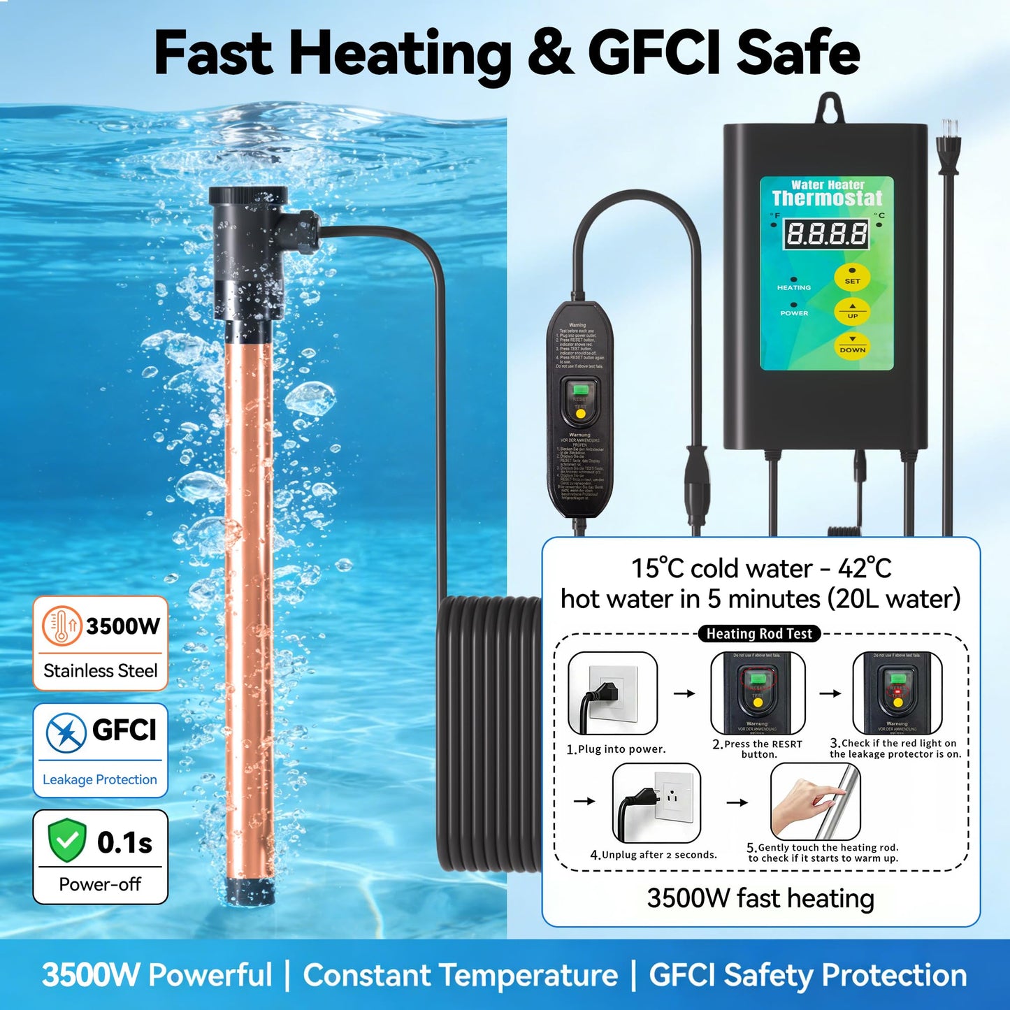 3500W Immersion Heater for Large Pool & Commercial Heater, Stainless Steel Submersible Immersion Heater with GFCI & Thermostat, for Large Above Ground Pool, Extra Large Stock Tank, Commercial Use