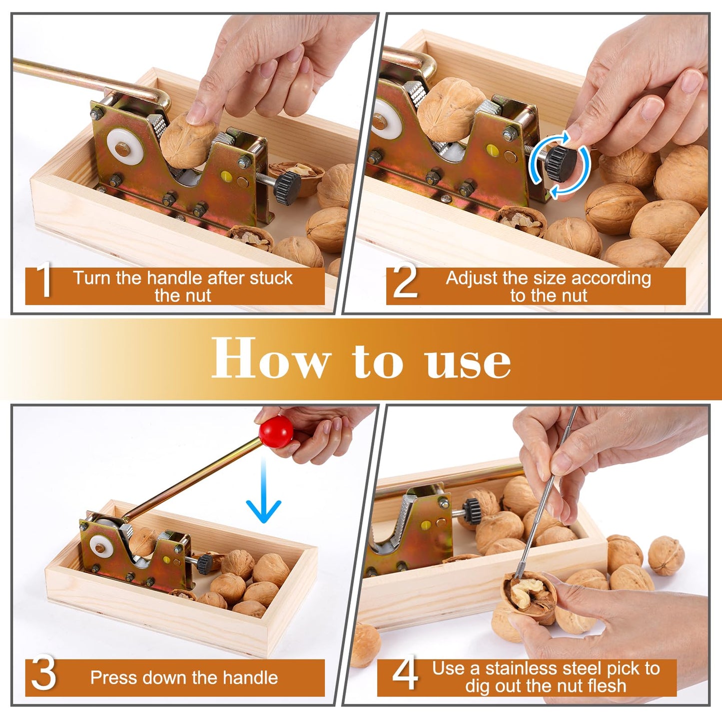 Nut Cracker Tool with Adjustable U-Groove - All-in-One Set with Wooden Storage Base & 4 Steel Picks for Pecans, Walnuts, Macadamia & More