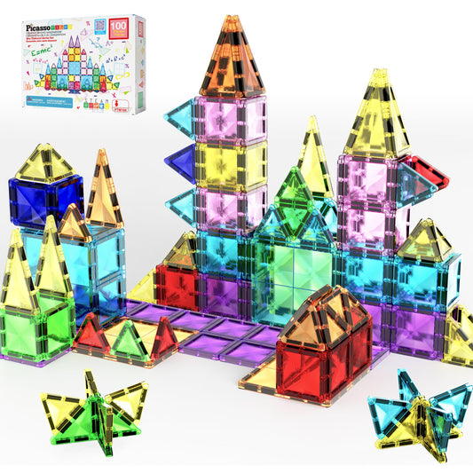 PicassoTiles 100pc Magnetic Tile Mini Diamond Set Travel Size STEM Educational Building Kit for Toddlers Preschool Boys Girls Age 3 Plus Montessori Indoor Learning Toy for Creative Development PTM100