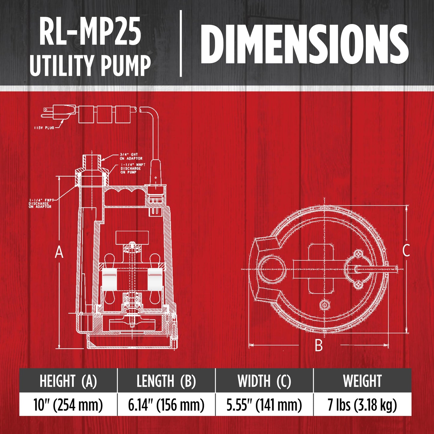 Red Lion RL-MP25 115 Volt, 1/4 HP, 2200 GPH Manual Thermoplastic Submersible Utility Pump, 8-Ft. Cord, Black, 14942732