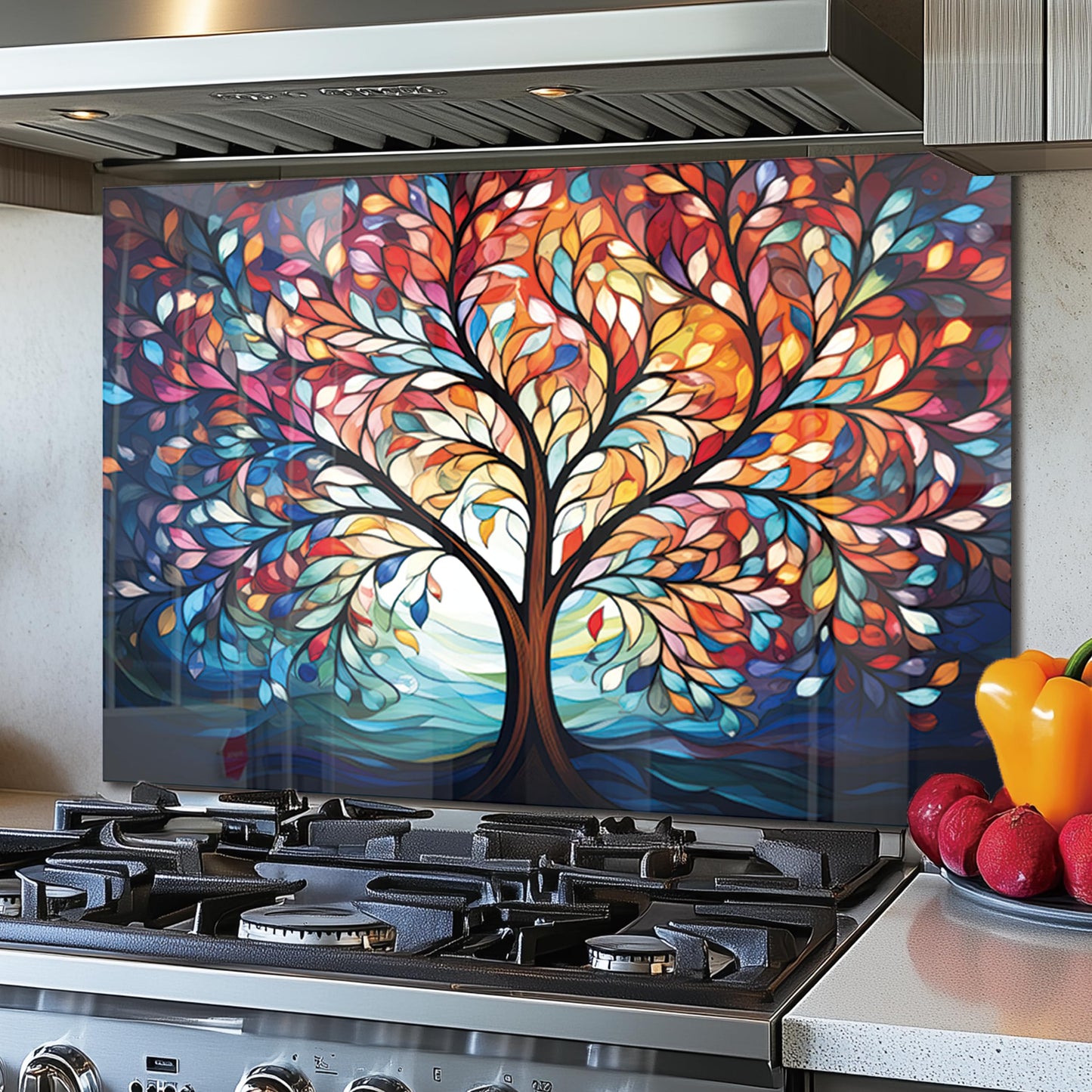 DAIFURONGE Tempered Glass Backsplash for Kitchen, Tree of Life Art Stove Backsplash Protector - Easy to Clean Wall Decor (Art Deco 2, 30"x20"(76.2x50.8cm))