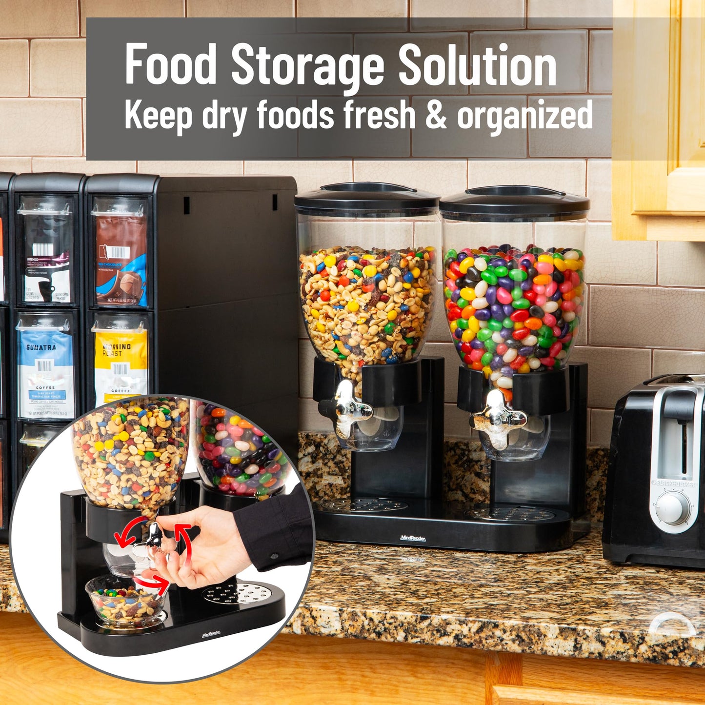 Mind Reader Double Cereal Dispenser for Countertop, 2 x 2L Airtight Containers, Rotating Dry Food Dispenser for Cereal, Rice, Candy, Coffee Beans, Black