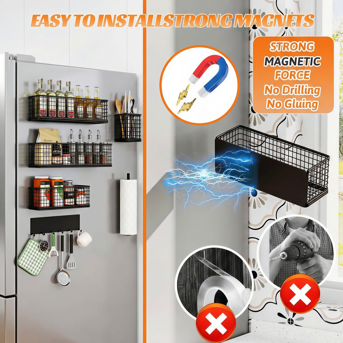 DecruKaltiz Magnetic Spice Rack Refrigerator,Include Paper Towel Holder And Hooks, For Traeger Grills Of Washing Machine Side (Black, 6-Pack)