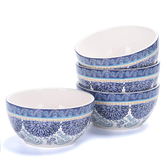 Bico Blue Talavera Cereal Bowls Set of 4, 26 oz Deep Ceramic Soup Bowls for Cereal, Salad, Noodles, Kitchen, Microwave and Dishwasher Safe, Gift for Housewarming and Thanksgiving