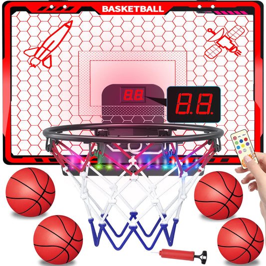 Awsoo Basketball Hoop Indoor for Kids，Mini Basketball Hoop with Colorful Light Bar，Scoreboard& 4 Basketballs, Basketball Toys Gifts for 3 4 5 6 7 8 9 10 11 12 Year Old Boys Girls (Red)