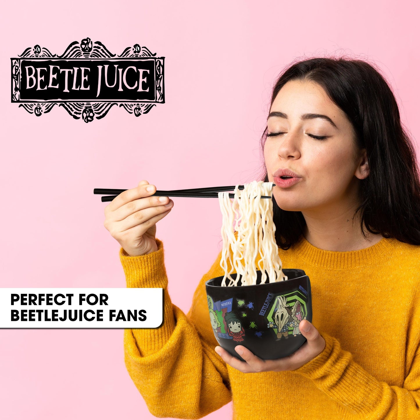 Culture Fly Beetlejuice Microwave Ramen Bowl Set with Chopsticks and Spoon, 20 oz Ceramic Instant Noodle Bowls with Chopsticks, Ramen Noodle Bowl, Rice Bowl Anime Gifts for Men